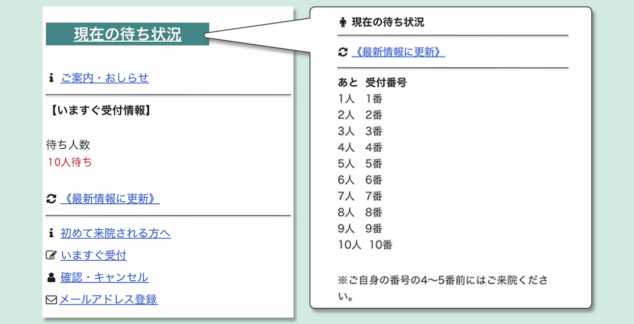 WEB予約ページ、待ち状況確認画面